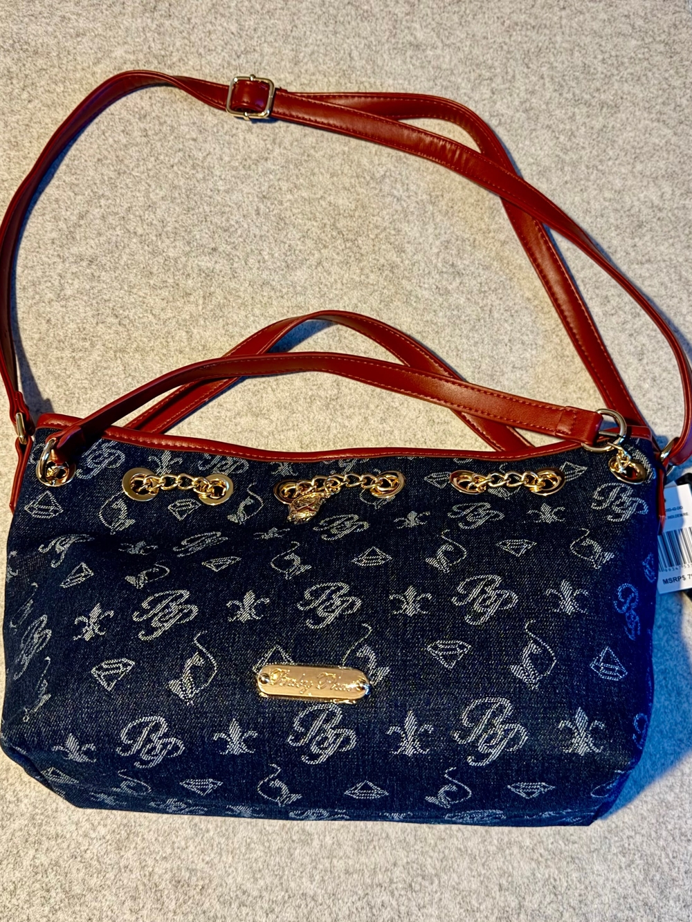 True Religion Denim Logo Shoulder Bag with Red Trim and Gold Hardware